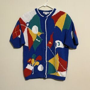 Heirlooms Handknit Golf Themed Cardigan Sweater Short Sleeve Medium Button front